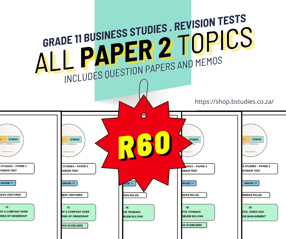Image with 5 question paper covers, Grade 11 business studies revision tests, all paper 2 topics, including question papers and memos for exam preparation. 2024