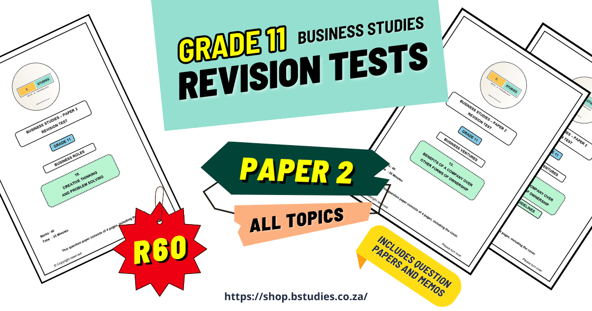Header image, Grade 11 business studies revision tests, all paper 2 topics, including question papers and memos for exam preparation. 2024