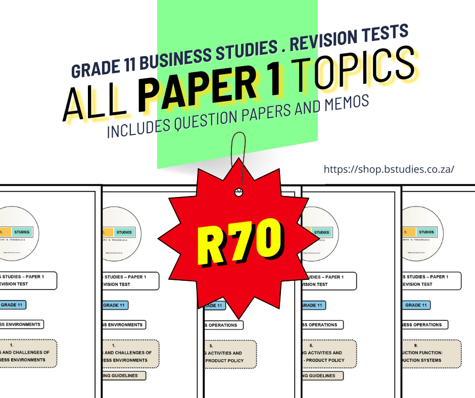Image with 5 question paper covers, Grade 11 business studies revision tests, all paper 1 topics, including question papers and memos for exam preparation. 2024
