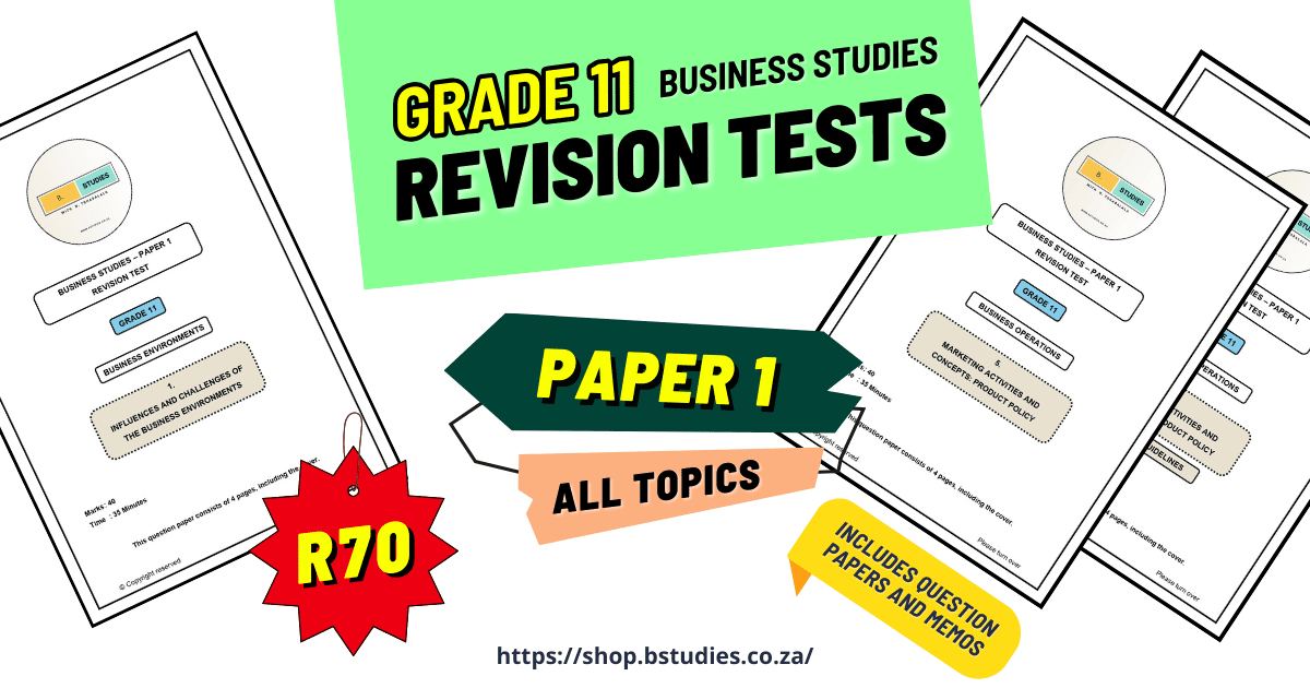 Header image, Grade 11 business studies revision tests, all paper 1 topics, including question papers and memos for exam preparation. 2024