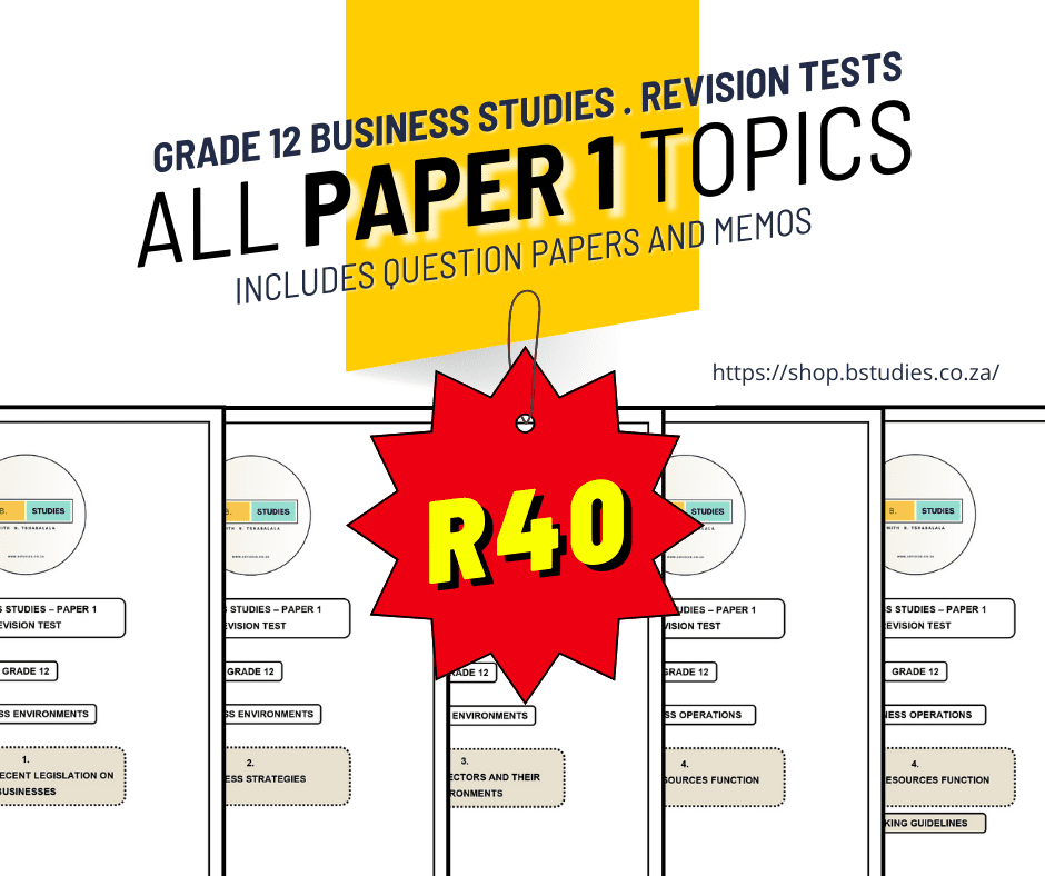 Grade 12 business studies revision tests, all paper 1 topics, including question papers and memos for exam preparation. R40. 2024
