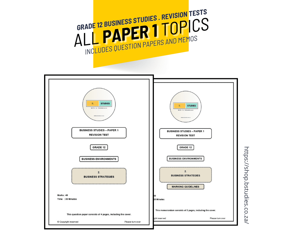 Grade 12 business studies revision tests, all paper 1 topics, including question papers and memos for exam preparation. R40. 2024