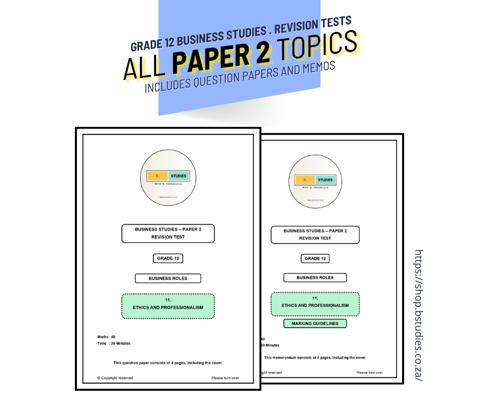 Grade 12 business studies revision tests, all paper 2 topics, including question papers and memos for exam preparation.